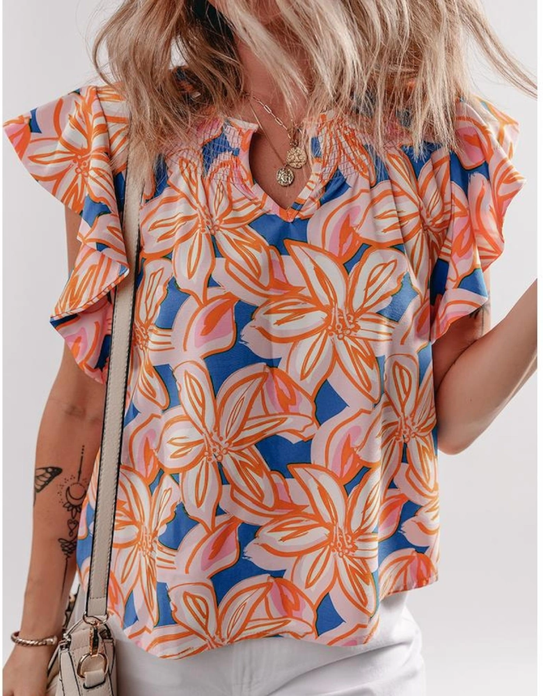 Orange Summer Flower Print Notched Neck Ruffle Sleeve Blouse