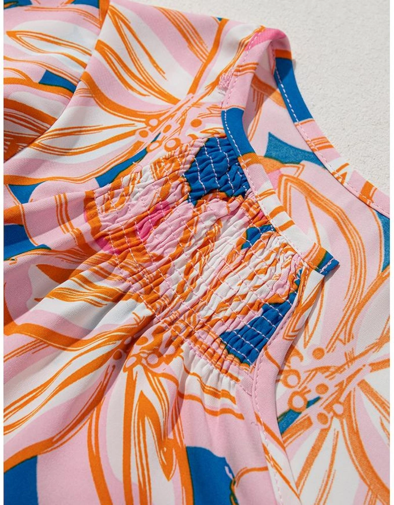 Orange Summer Flower Print Notched Neck Ruffle Sleeve Blouse