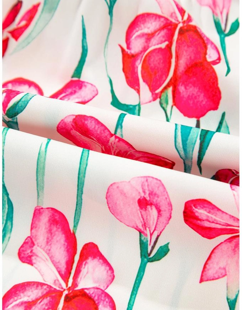 Pink Floral Print Striped Detail Split Neck Short Sleeve Blouse