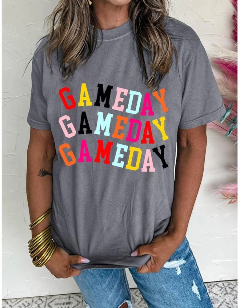 Gray Colorful GAME DAY Graphic Crew T Shirt