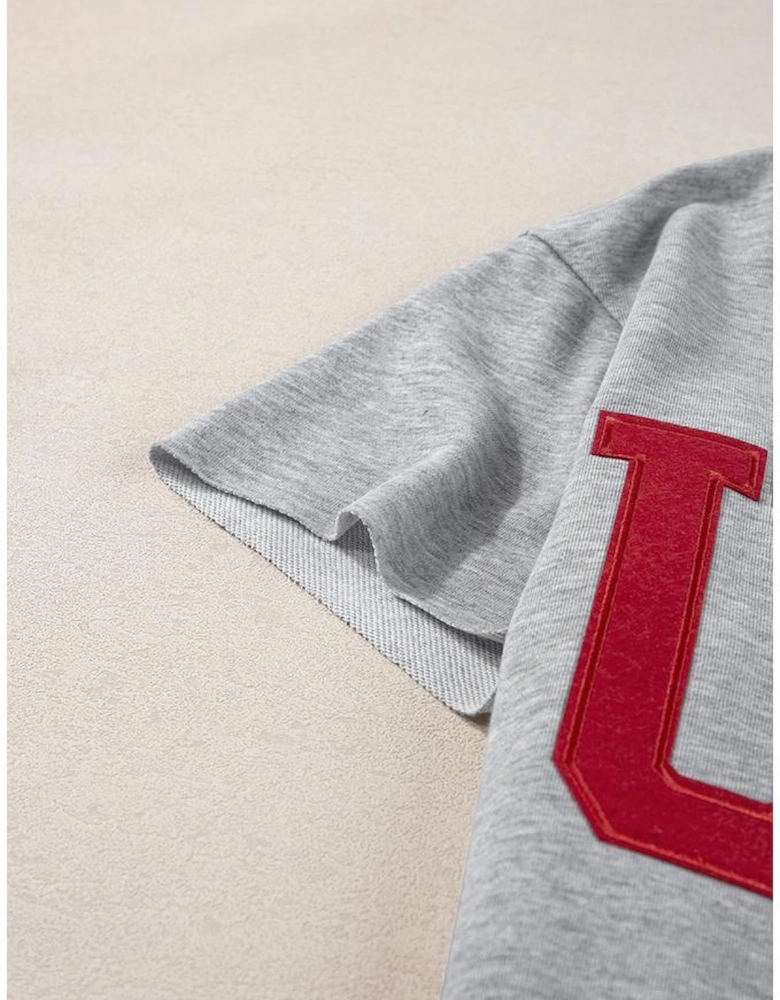 Light Grey USA Lettering Patch Notched Neck Loose Tee