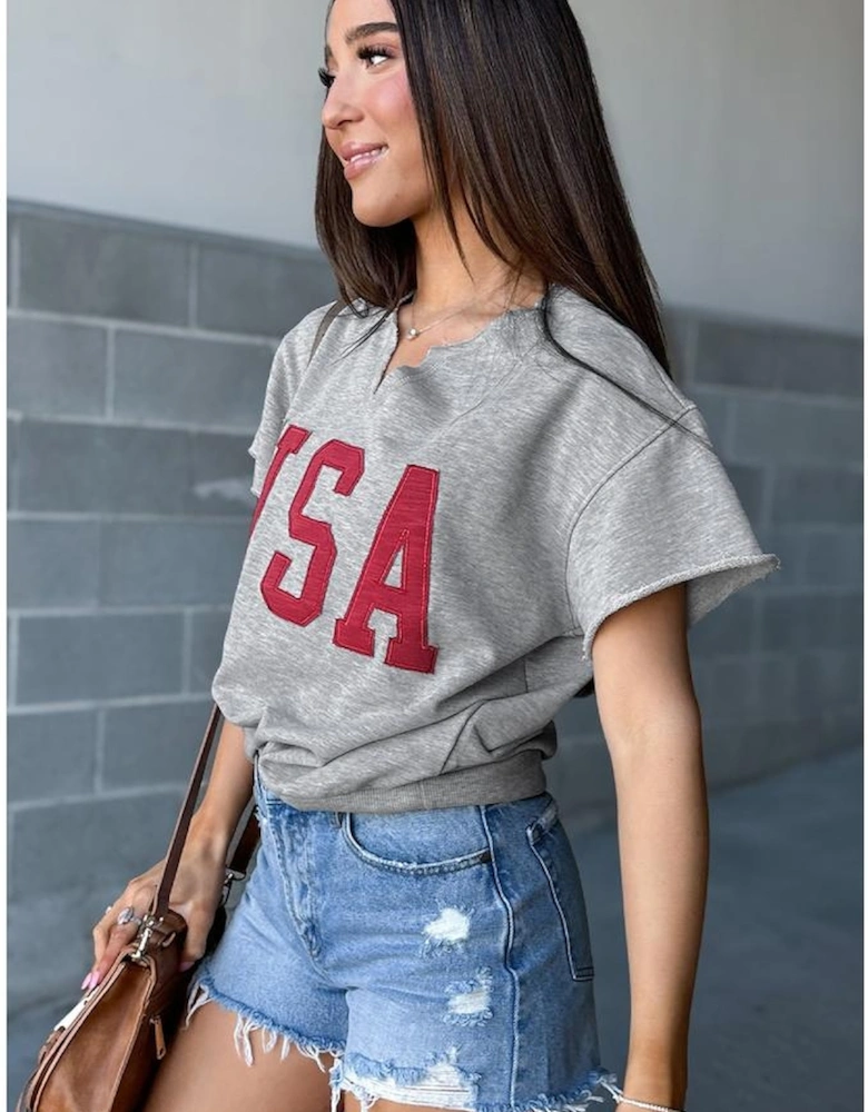 Light Grey USA Lettering Patch Notched Neck Loose Tee