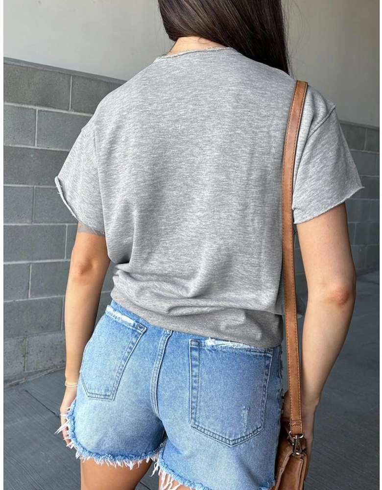 Light Grey USA Lettering Patch Notched Neck Loose Tee