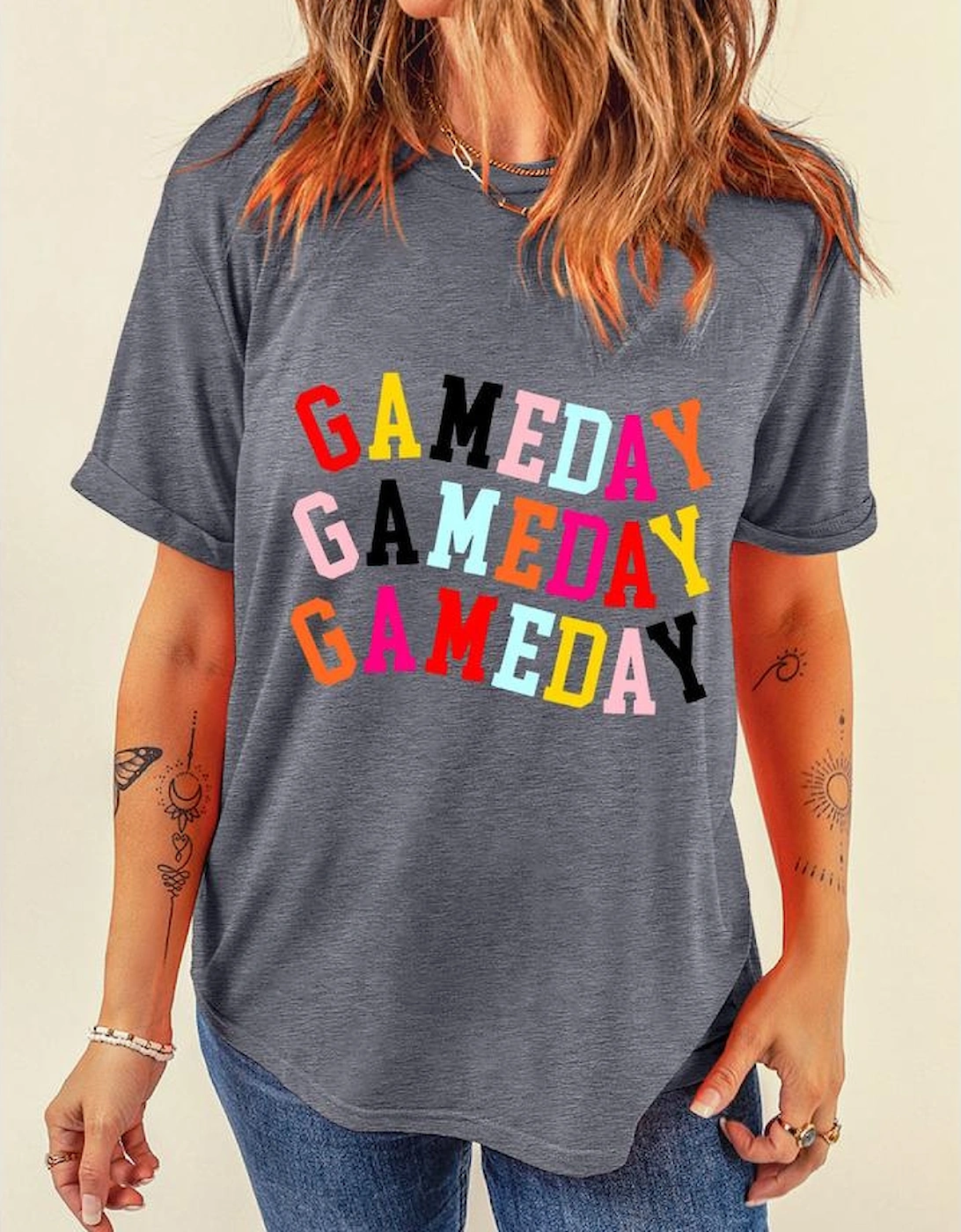 Gray Colorful GAME DAY Graphic Crew T Shirt