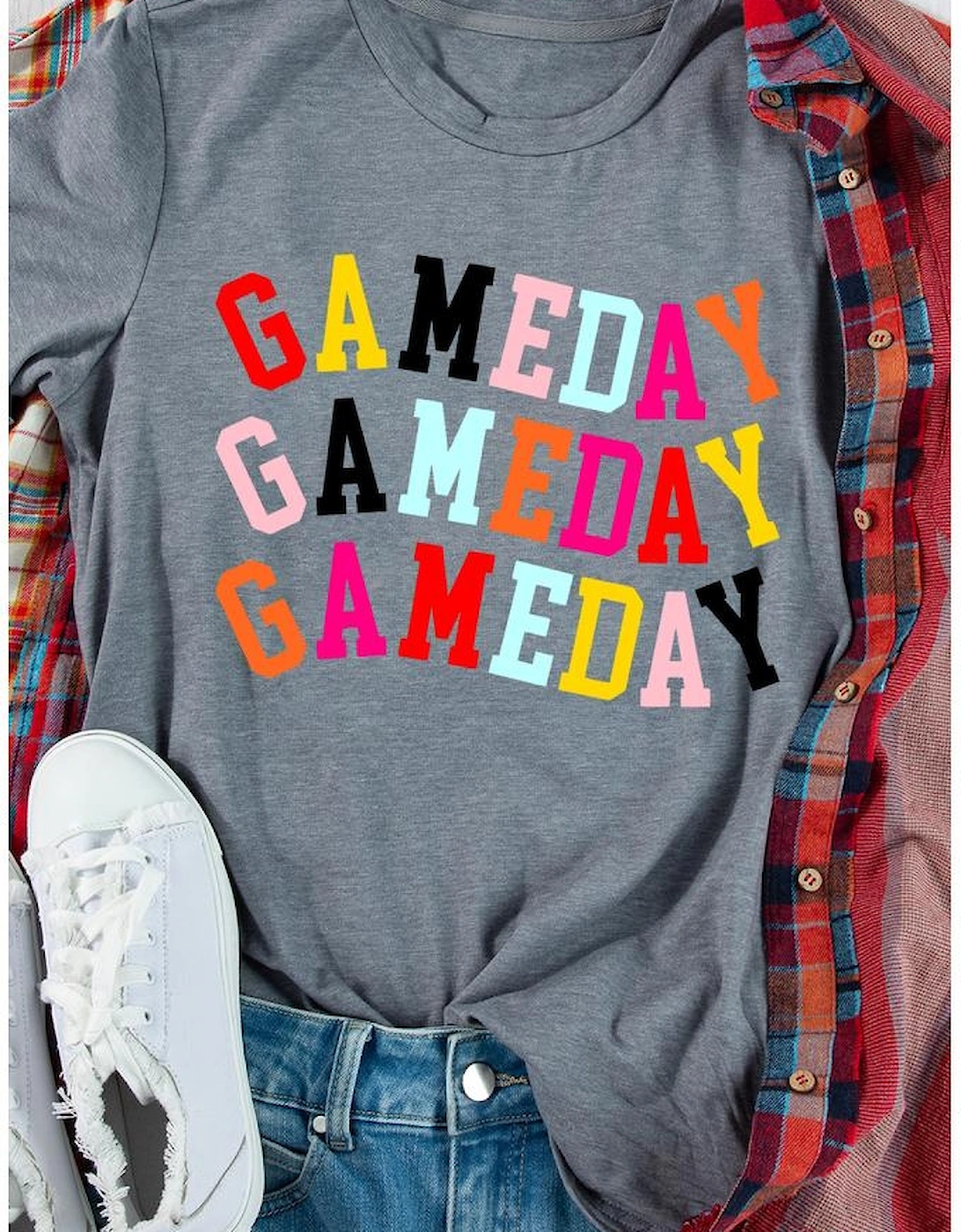 Gray Colorful GAME DAY Graphic Crew T Shirt, 8 of 7