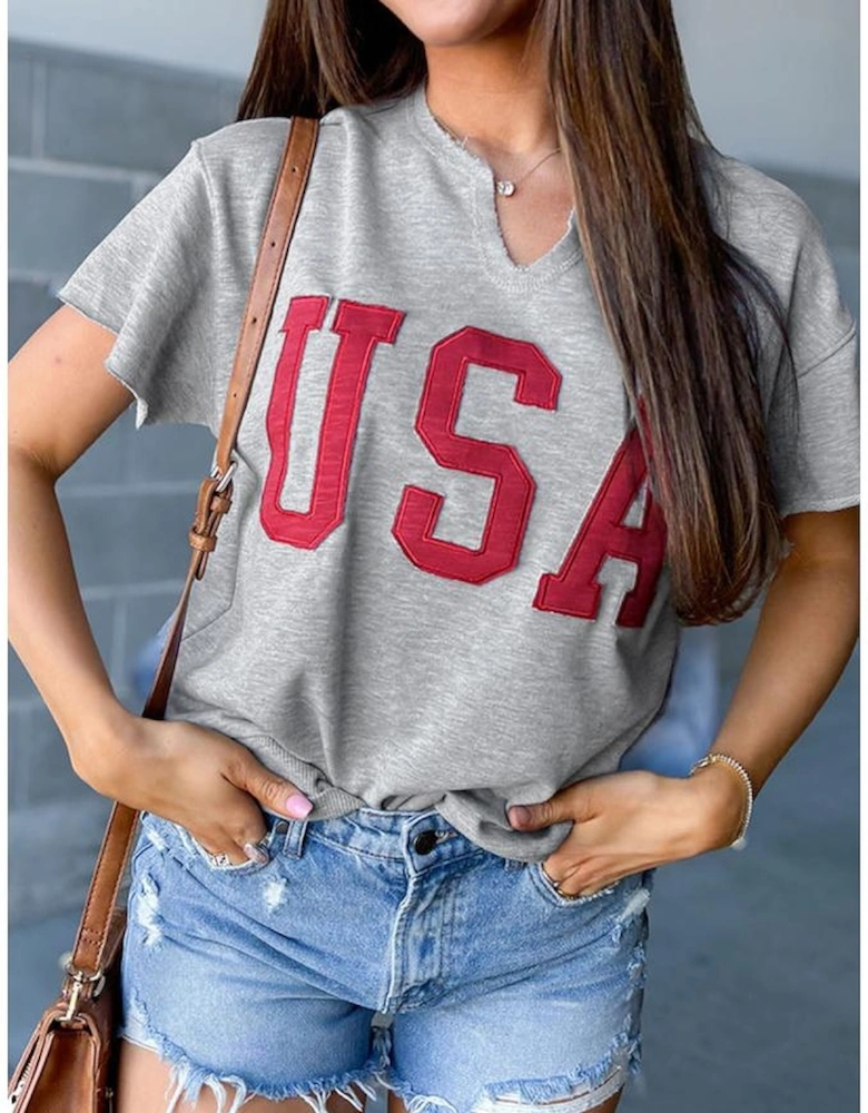 Light Grey USA Lettering Patch Notched Neck Loose Tee