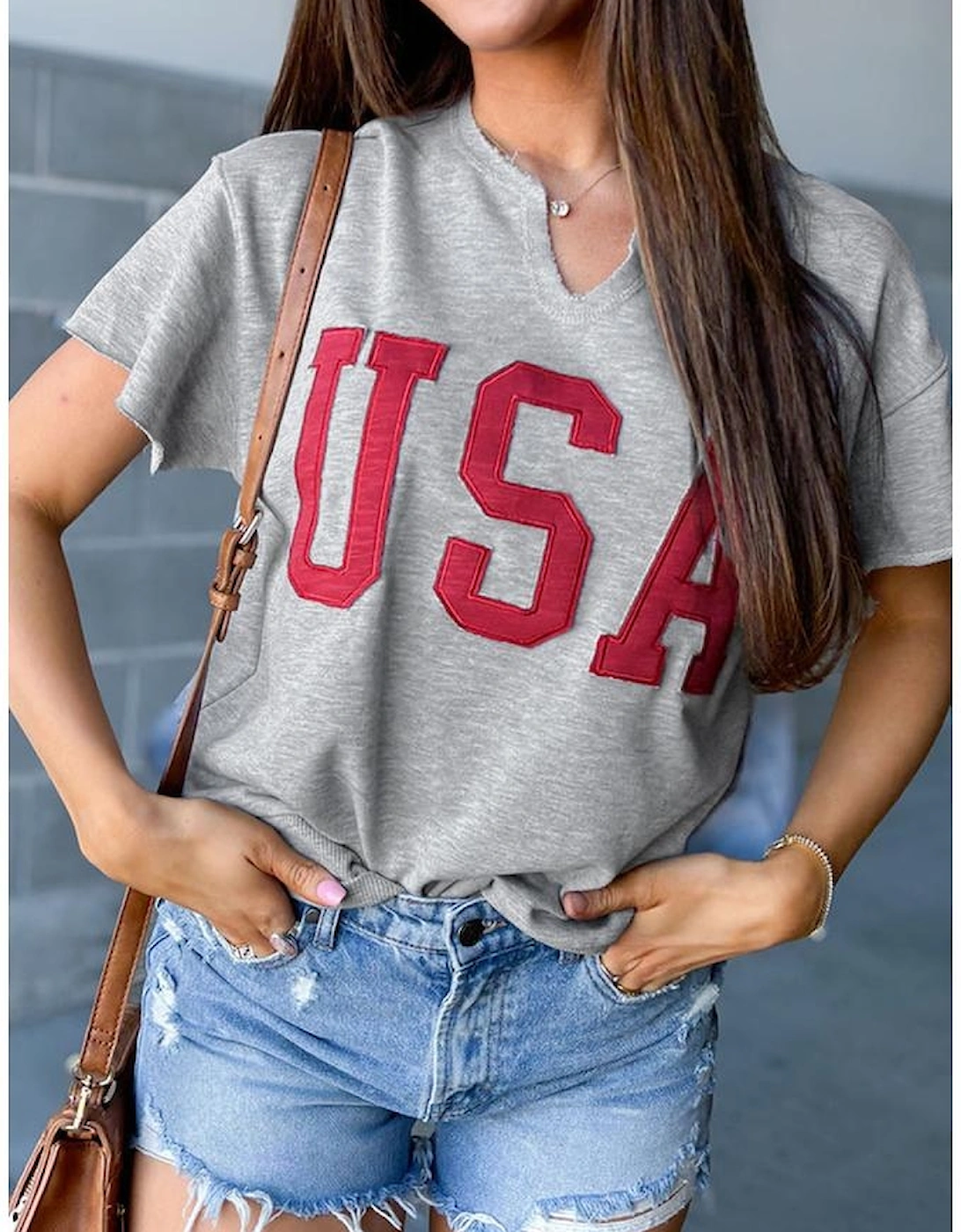 Light Grey USA Lettering Patch Notched Neck Loose Tee, 8 of 7