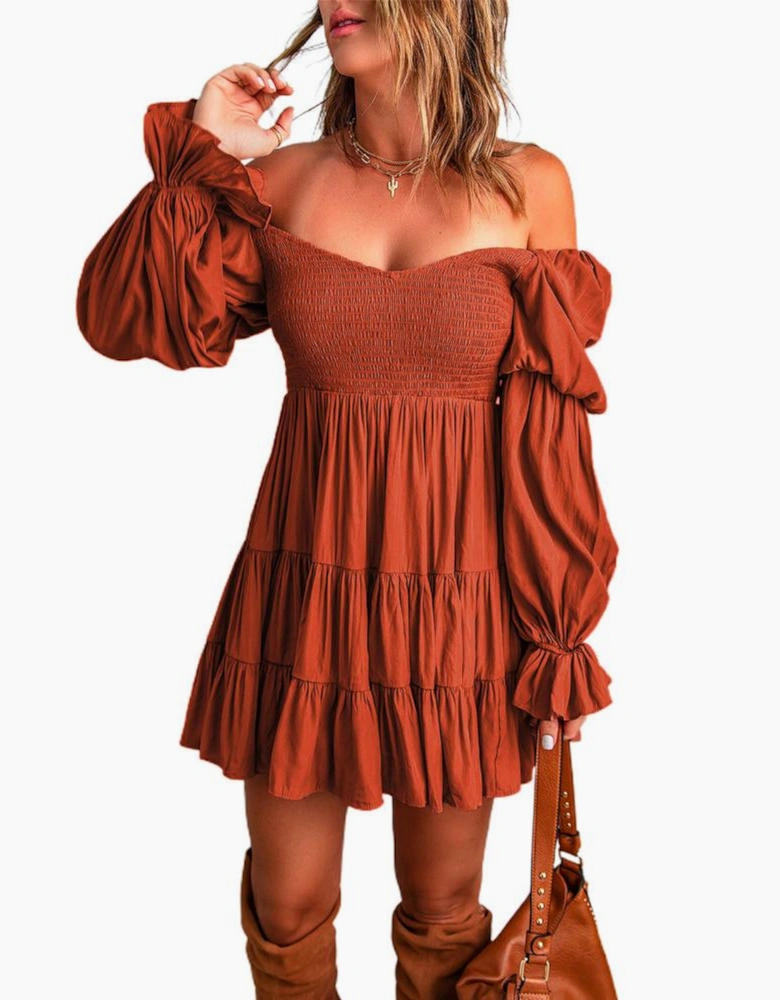 Brown Boho Solid Shirred Ruffle Mini Dress