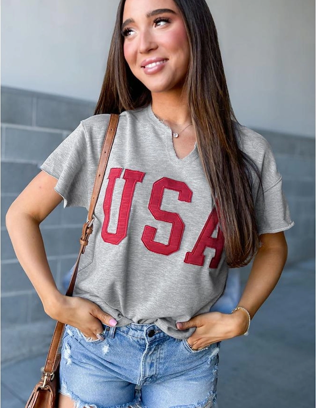 Light Grey USA Lettering Patch Notched Neck Loose Tee