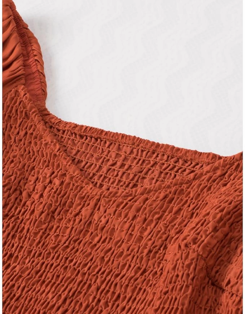 Brown Boho Solid Shirred Ruffle Mini Dress