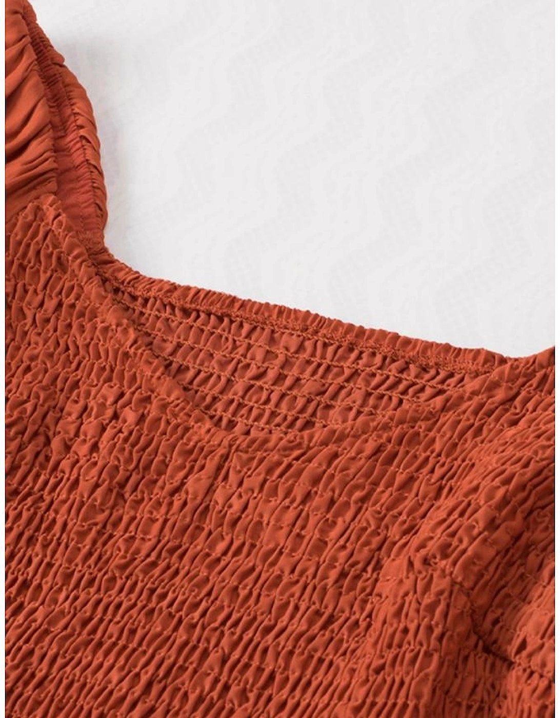 Brown Boho Solid Shirred Ruffle Mini Dress