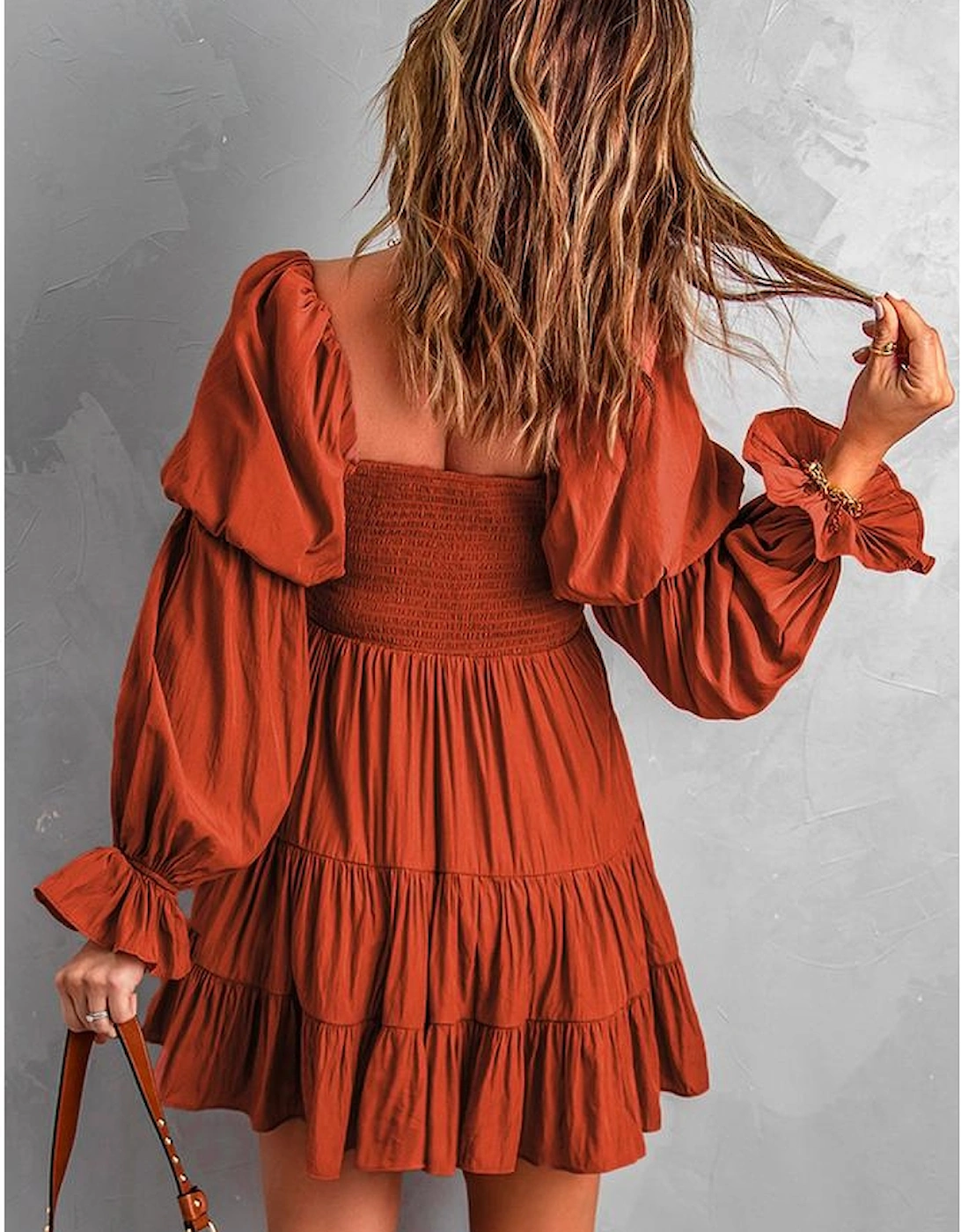 Brown Boho Solid Shirred Ruffle Mini Dress