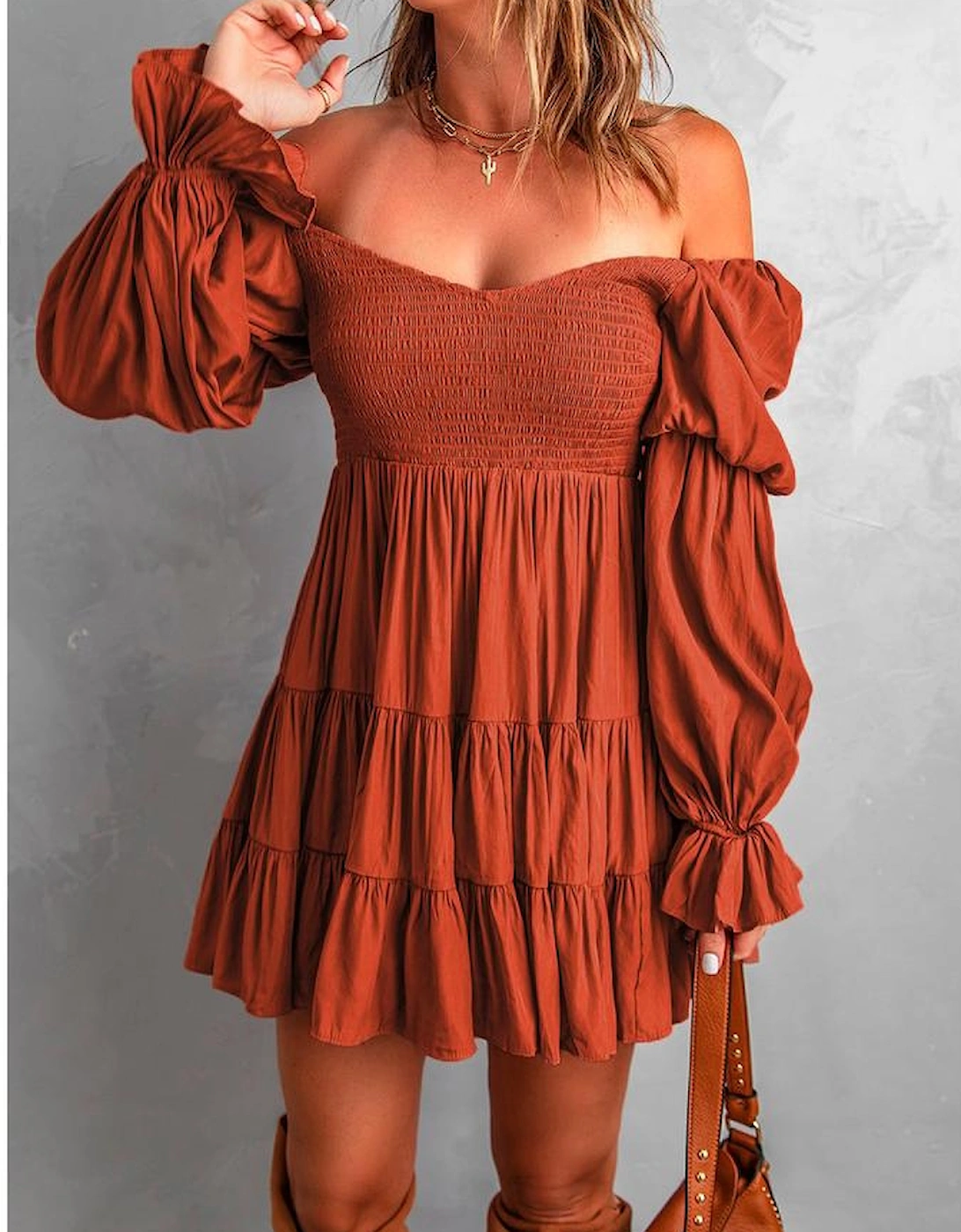 Brown Boho Solid Shirred Ruffle Mini Dress