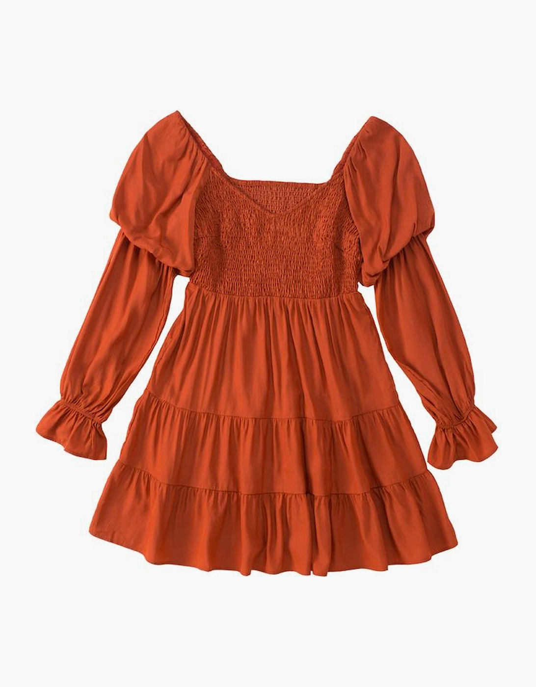 Brown Boho Solid Shirred Ruffle Mini Dress