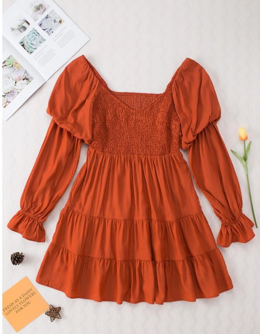 Brown Boho Solid Shirred Ruffle Mini Dress