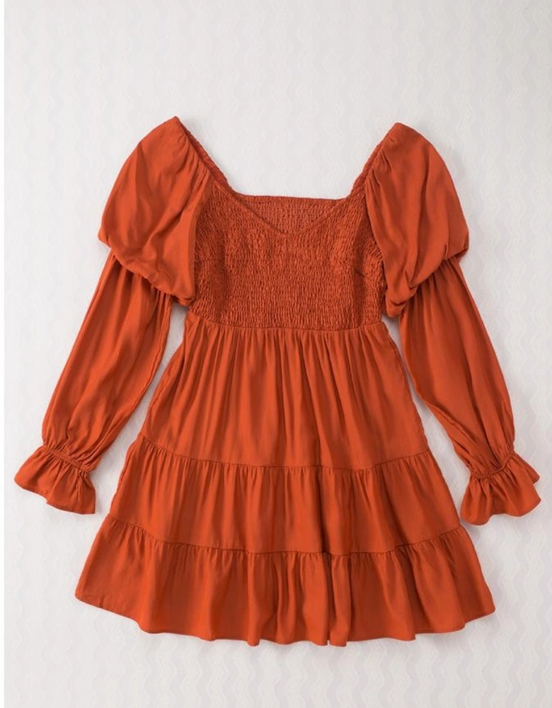 Brown Boho Solid Shirred Ruffle Mini Dress