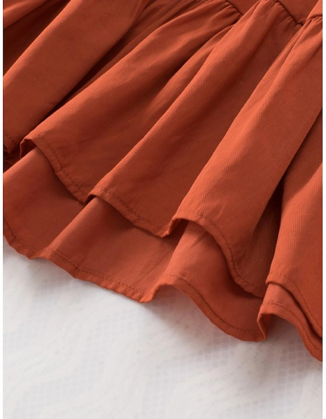 Brown Boho Solid Shirred Ruffle Mini Dress