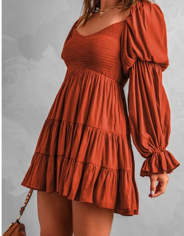 Brown Boho Solid Shirred Ruffle Mini Dress