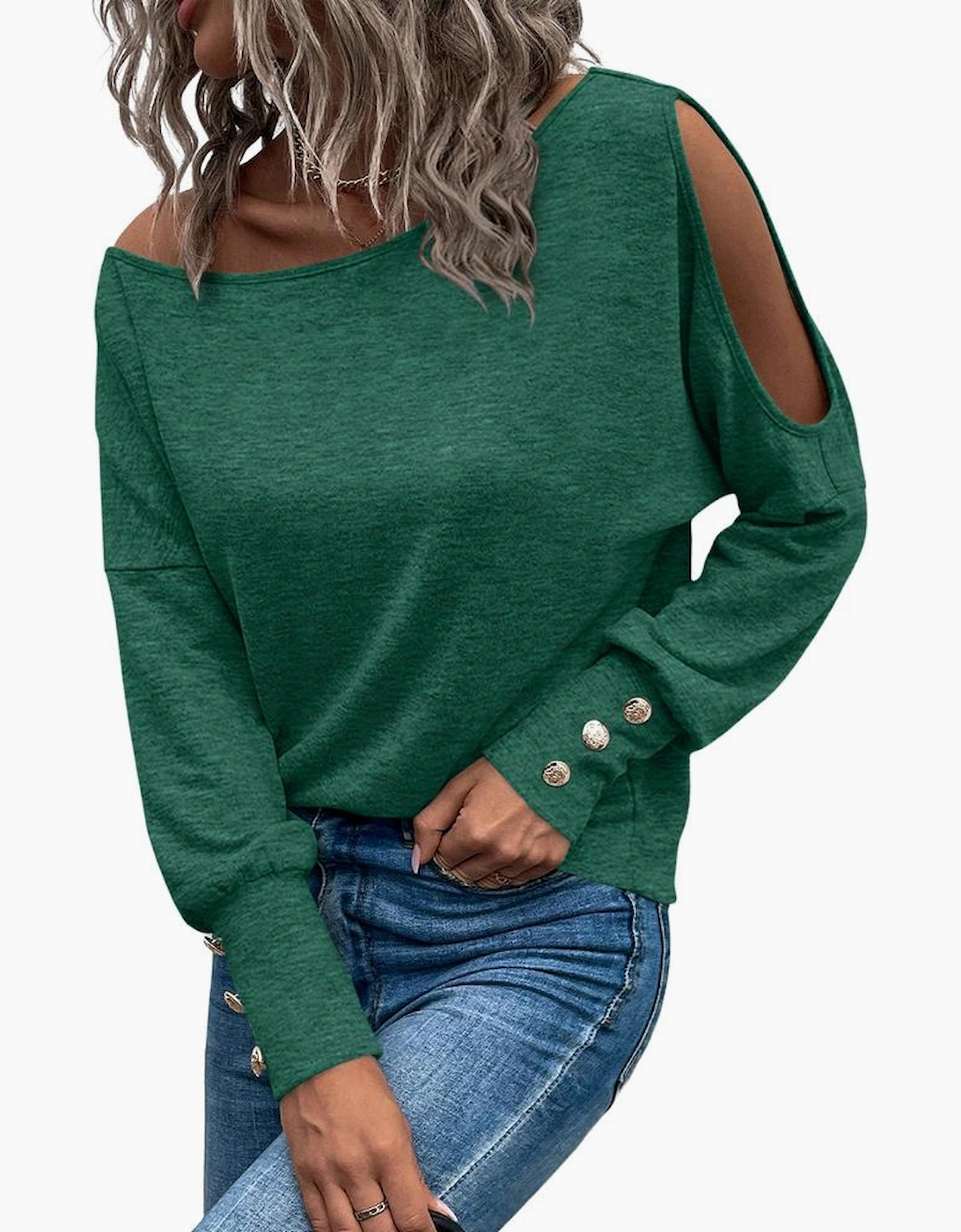 Green Asymmetrical Cut Out Buttoned Long Sleeve Top