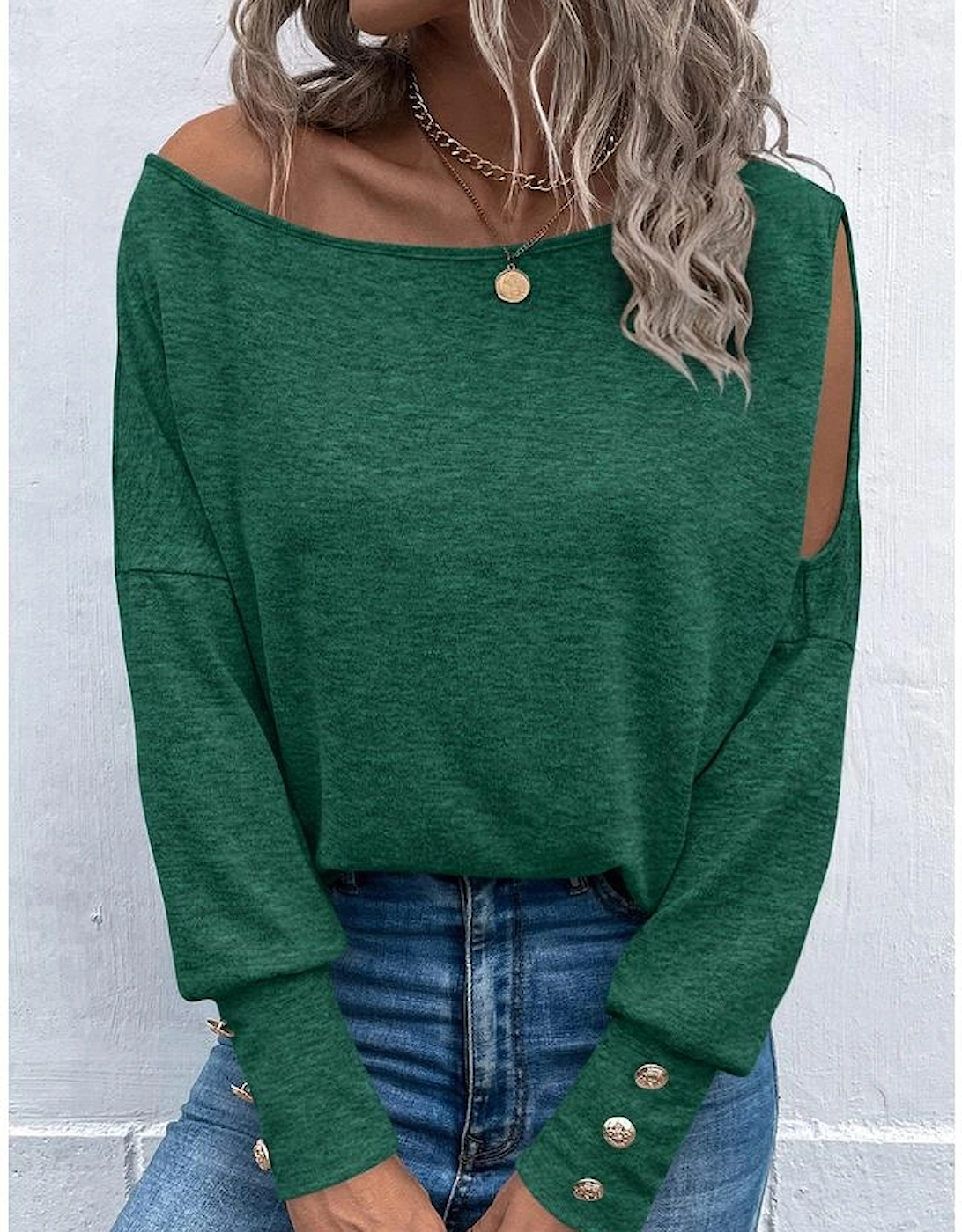 Green Asymmetrical Cut Out Buttoned Long Sleeve Top, 5 of 4