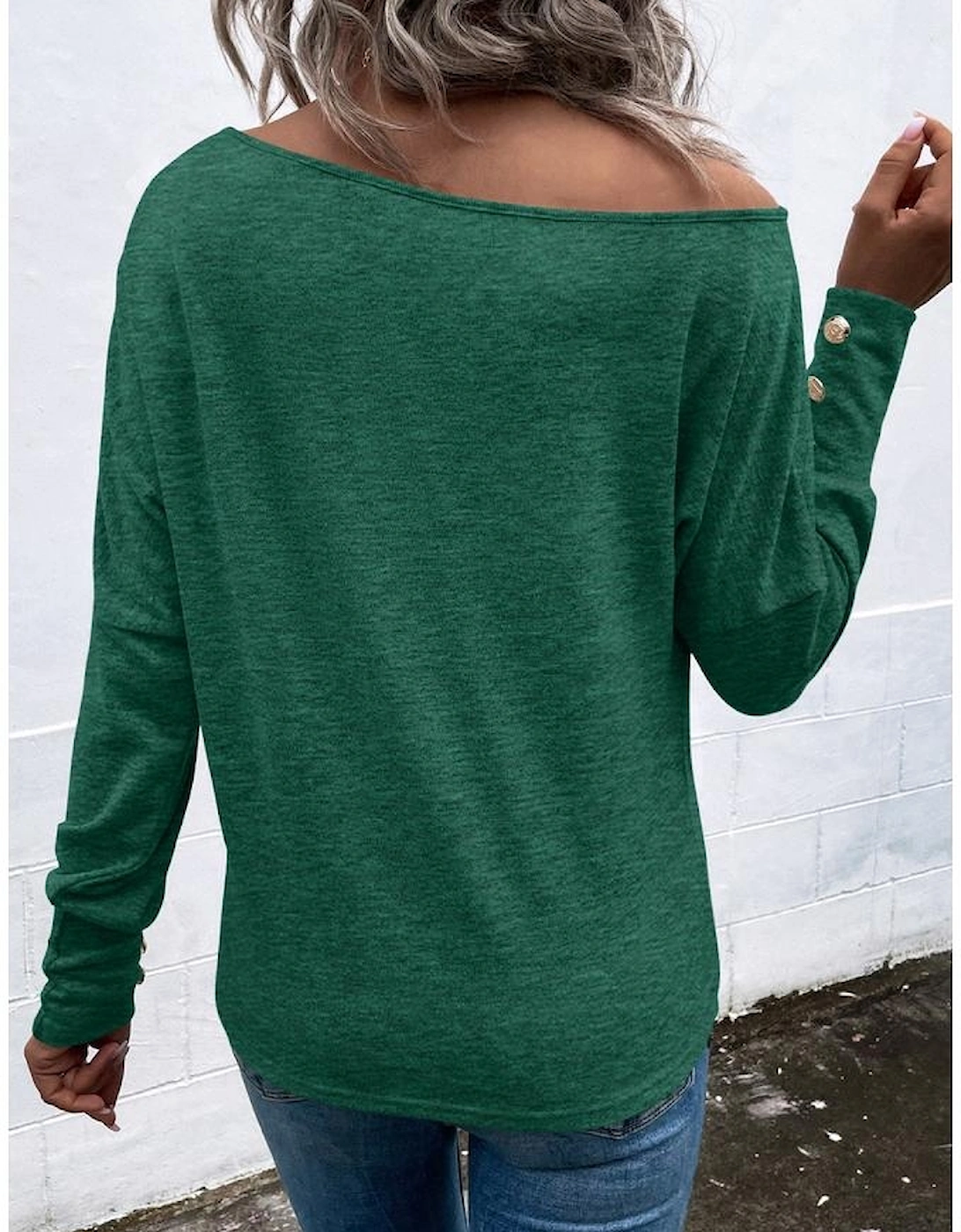 Green Asymmetrical Cut Out Buttoned Long Sleeve Top