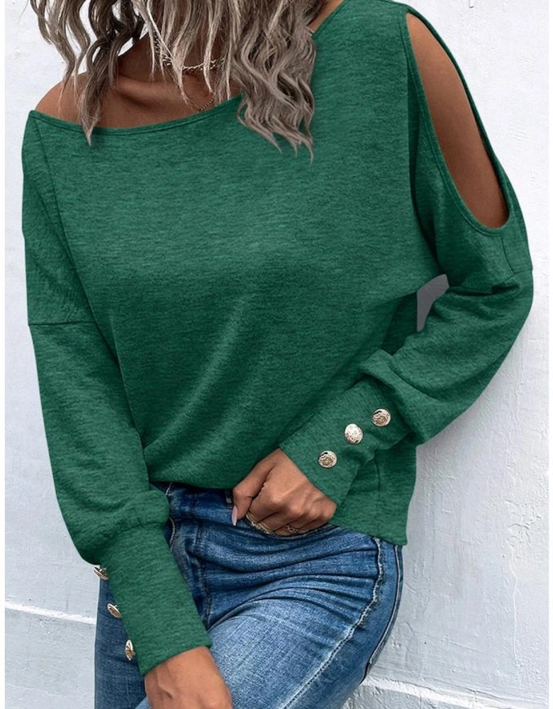 Green Asymmetrical Cut Out Buttoned Long Sleeve Top
