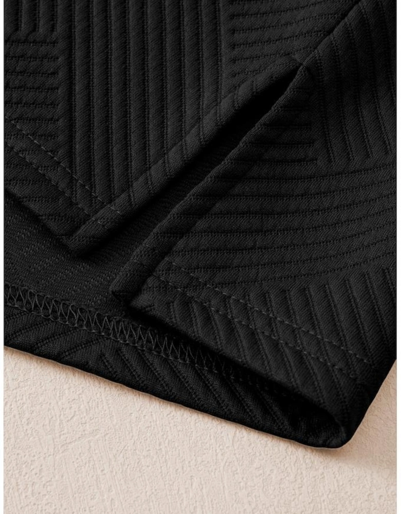 Black Solid Textured Collared V Neck Top and Wide Leg Pants Set