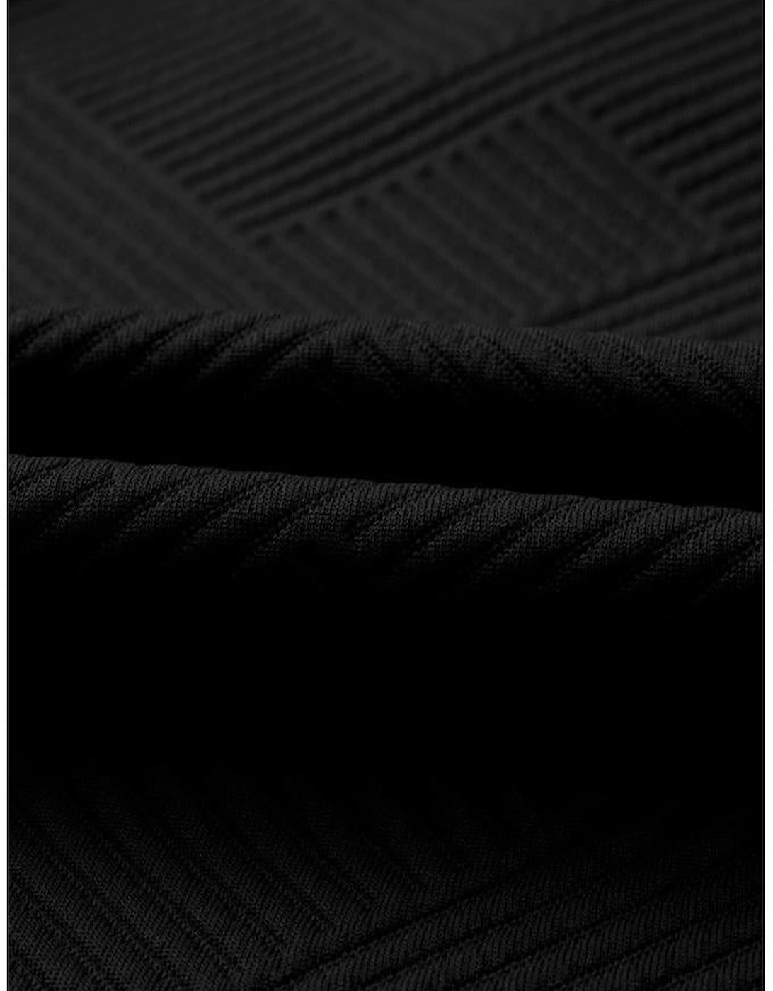 Black Solid Textured Collared V Neck Top and Wide Leg Pants Set