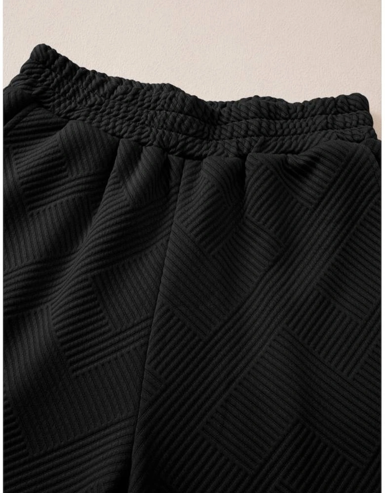 Black Solid Textured Collared V Neck Top and Wide Leg Pants Set