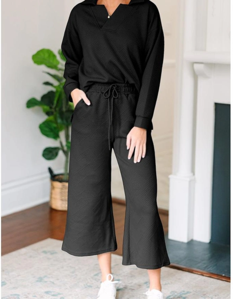 Black Solid Textured Collared V Neck Top and Wide Leg Pants Set