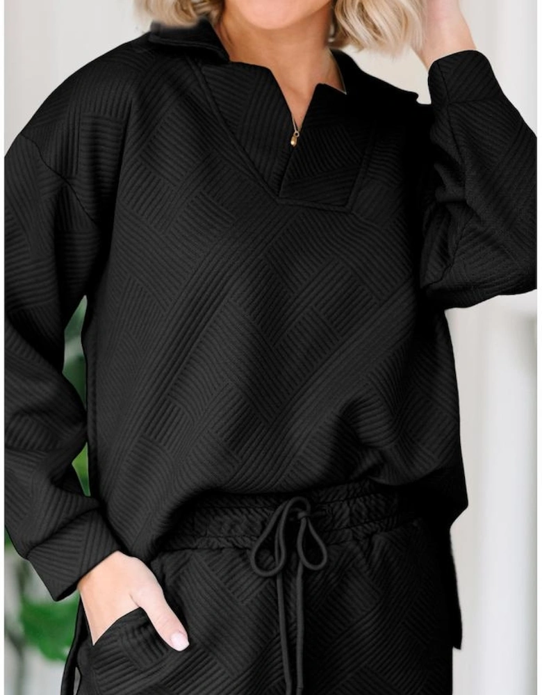Black Solid Textured Collared V Neck Top and Wide Leg Pants Set