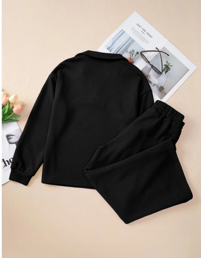 Black Solid Textured Collared V Neck Top and Wide Leg Pants Set