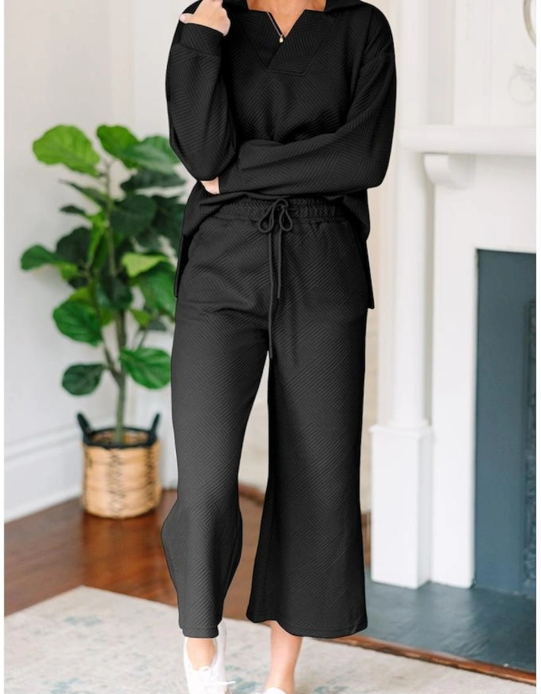 Black Solid Textured Collared V Neck Top and Wide Leg Pants Set