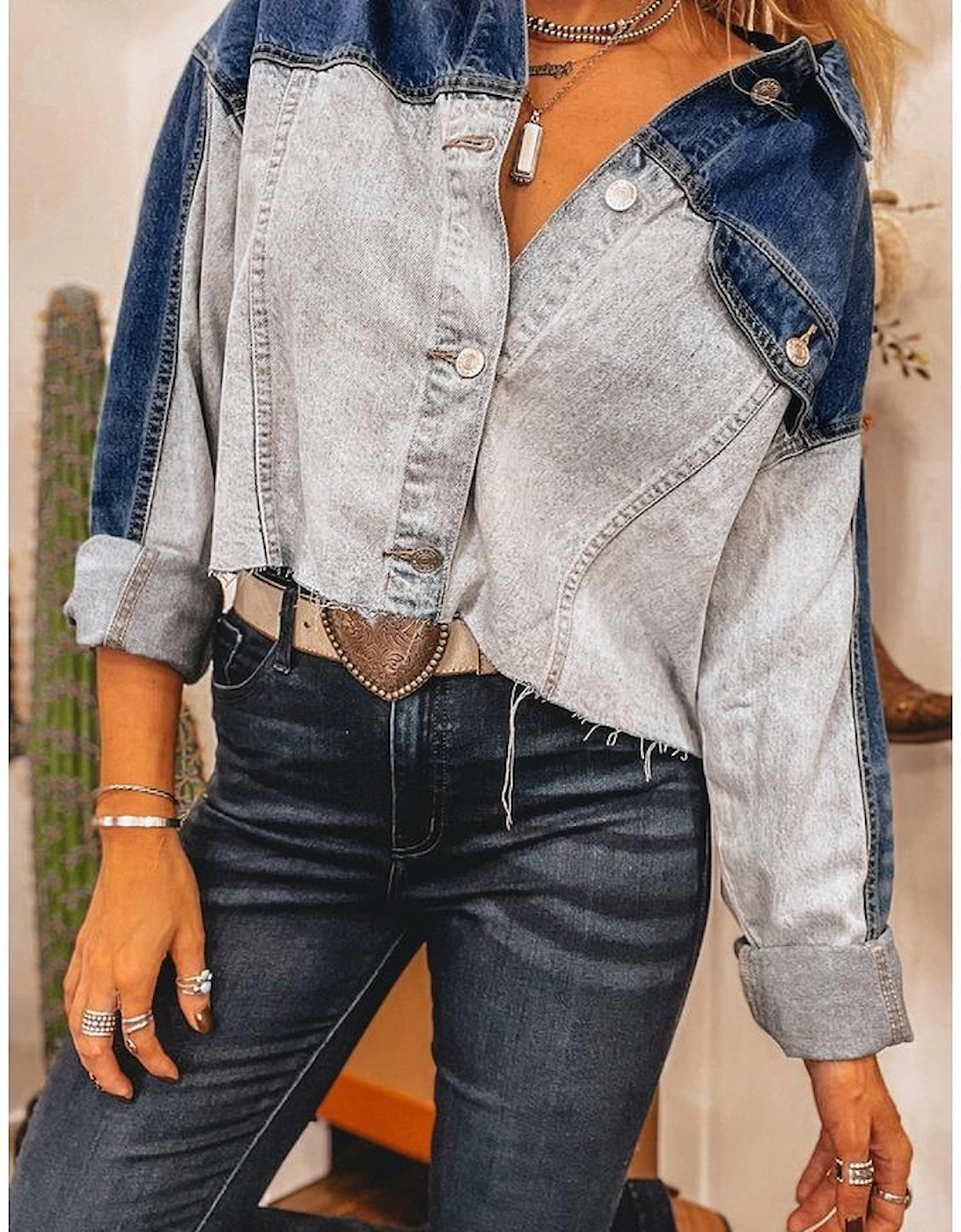 Dusk Blue Color Block Patchwork Flap Detail Distress Denim Jacket