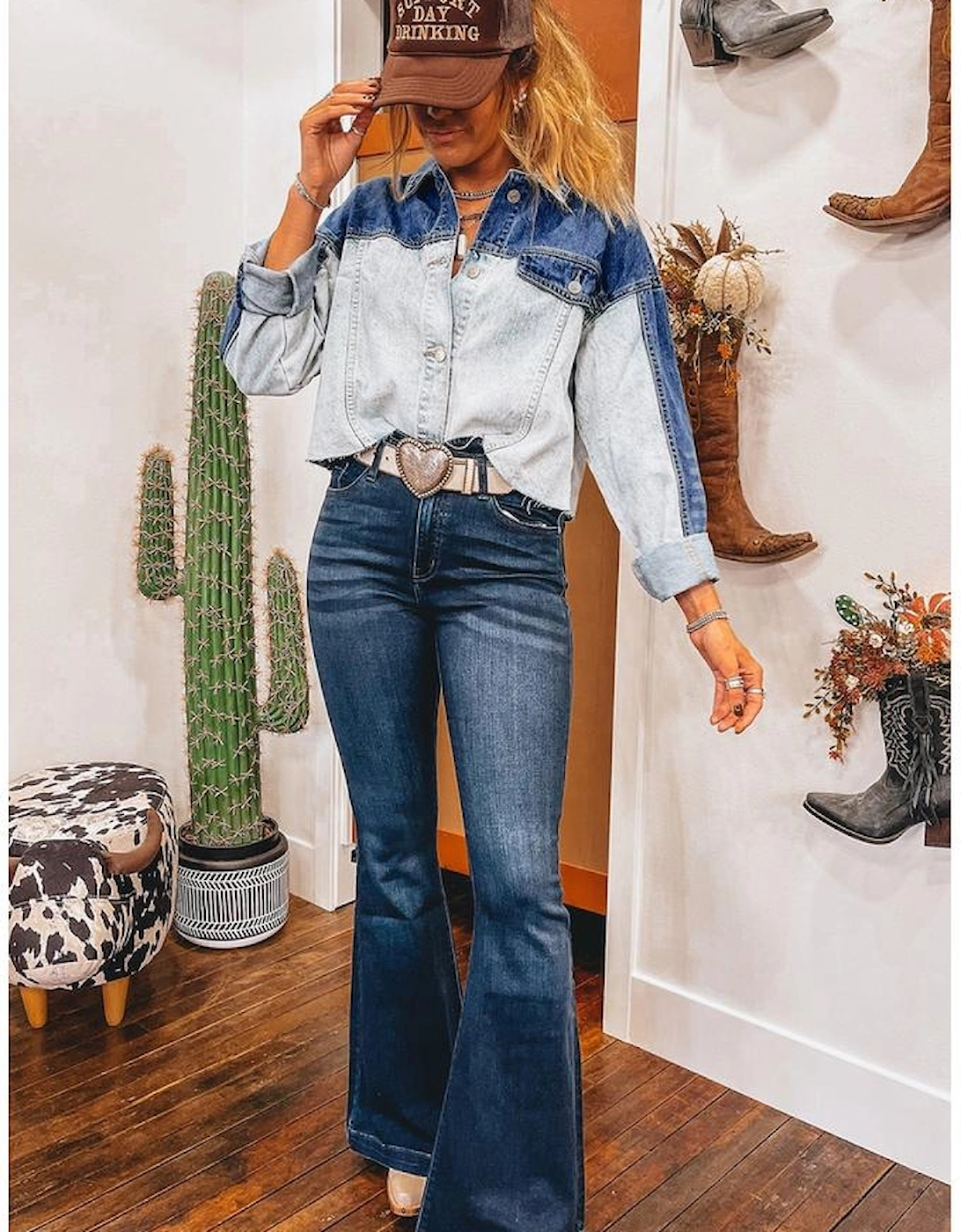 Dusk Blue Color Block Patchwork Flap Detail Distress Denim Jacket