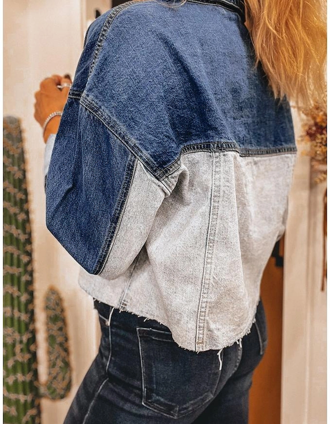 Dusk Blue Color Block Patchwork Flap Detail Distress Denim Jacket, 7 of 6