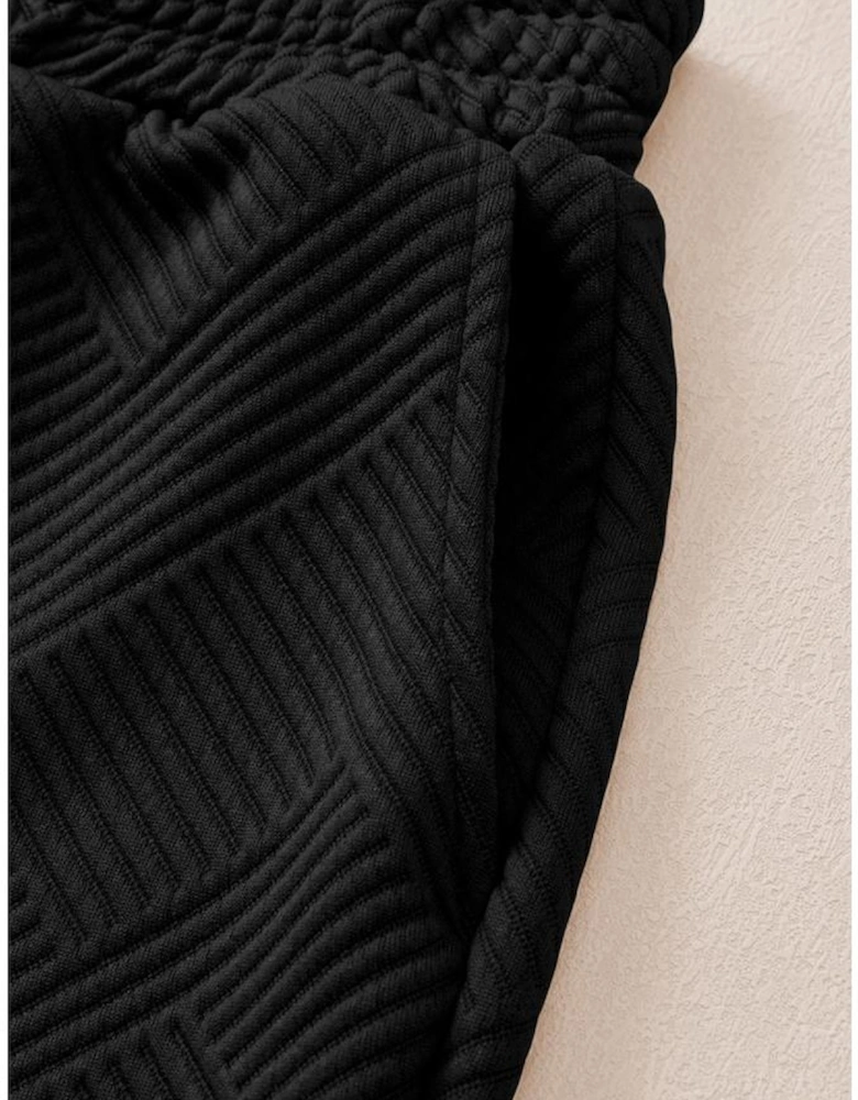 Black Solid Textured Collared V Neck Top and Wide Leg Pants Set