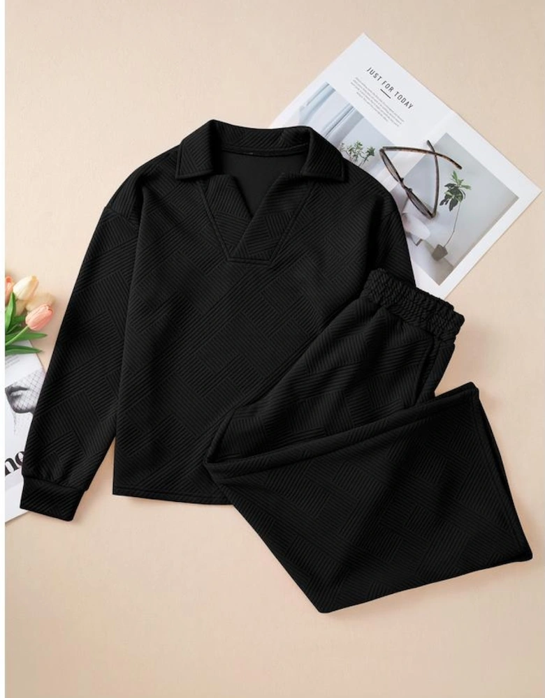 Black Solid Textured Collared V Neck Top and Wide Leg Pants Set