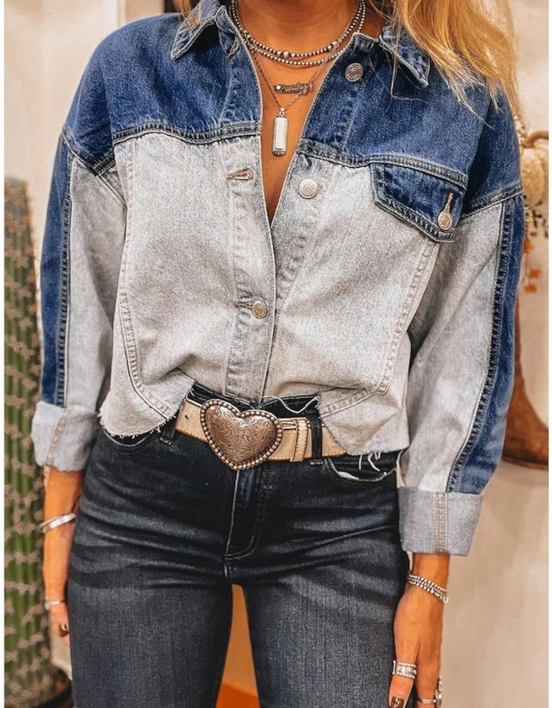 Dusk Blue Color Block Patchwork Flap Detail Distress Denim Jacket