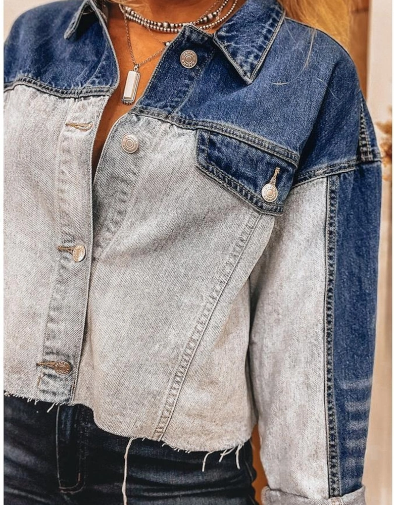 Dusk Blue Color Block Patchwork Flap Detail Distress Denim Jacket