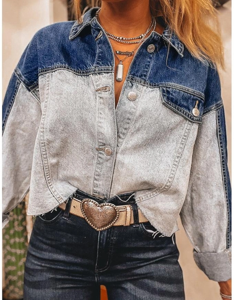 Dusk Blue Color Block Patchwork Flap Detail Distress Denim Jacket