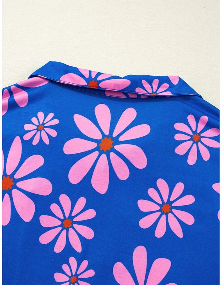 Purple Floral Striped Quarter Zip Cap Sleeve Drawstring Waist Mini Dress