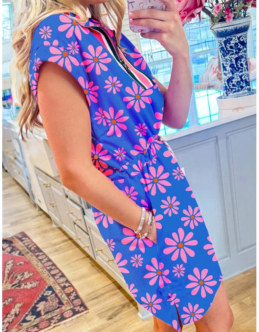 Purple Floral Striped Quarter Zip Cap Sleeve Drawstring Waist Mini Dress