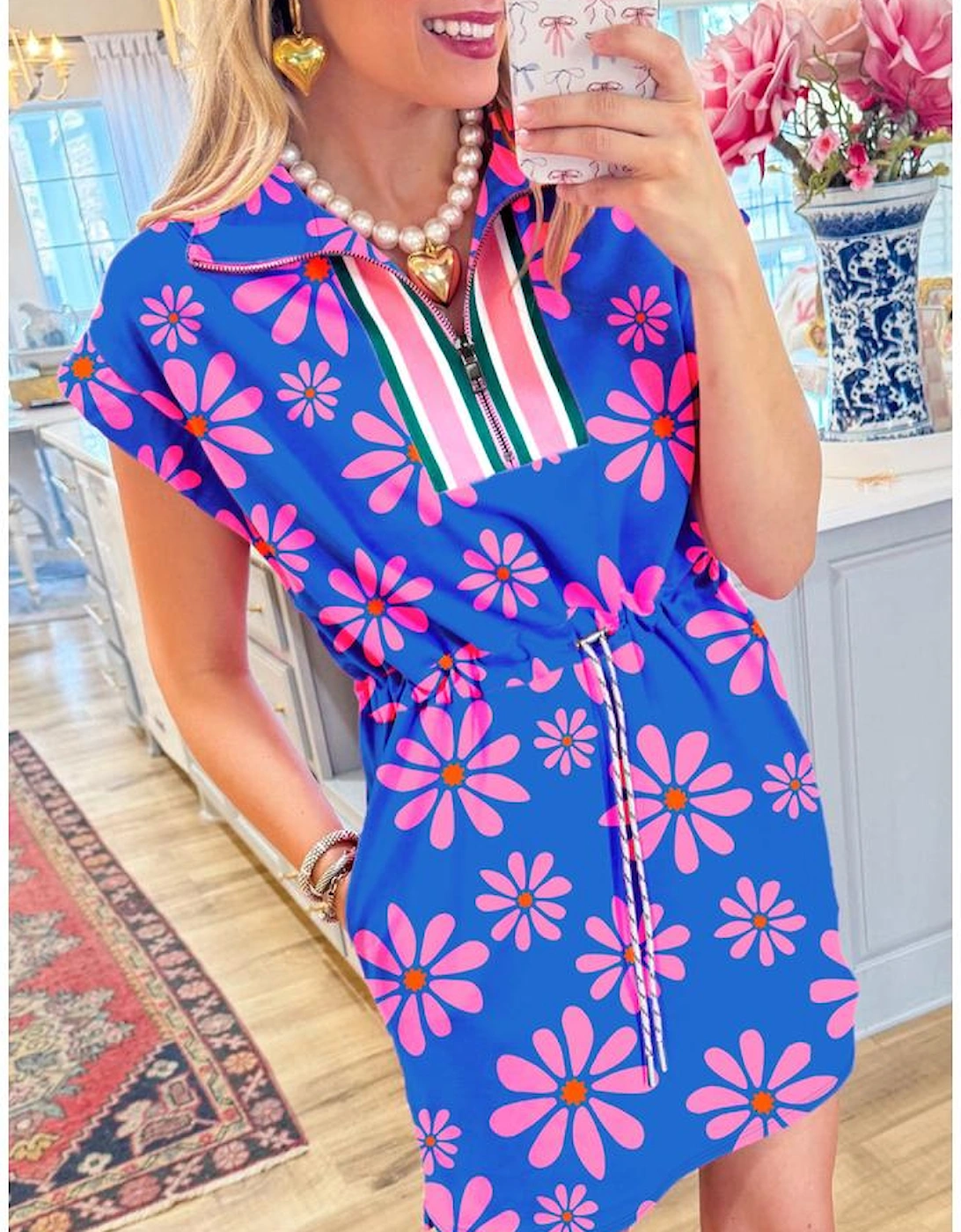 Purple Floral Striped Quarter Zip Cap Sleeve Drawstring Waist Mini Dress