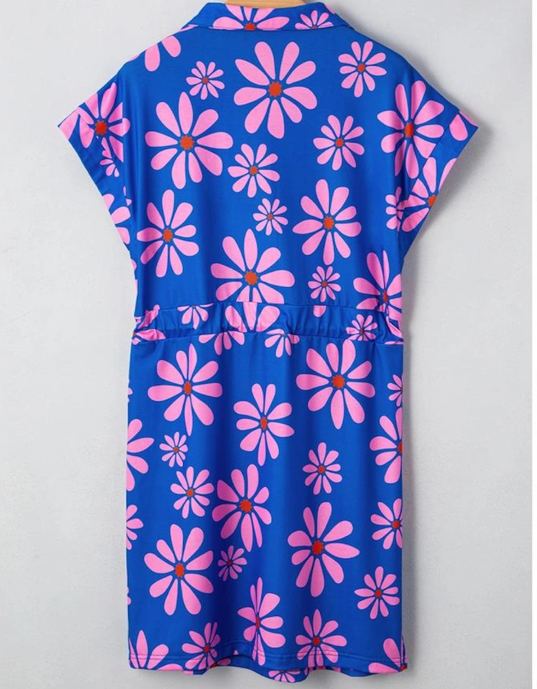 Purple Floral Striped Quarter Zip Cap Sleeve Drawstring Waist Mini Dress