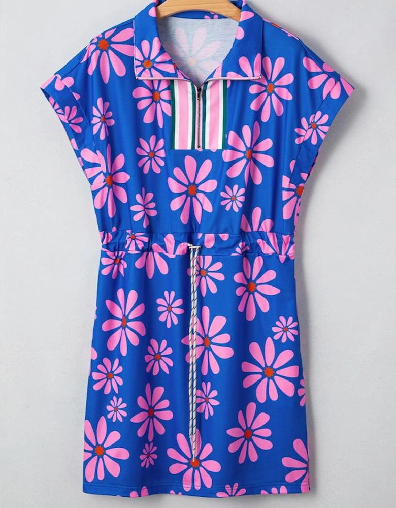 Purple Floral Striped Quarter Zip Cap Sleeve Drawstring Waist Mini Dress