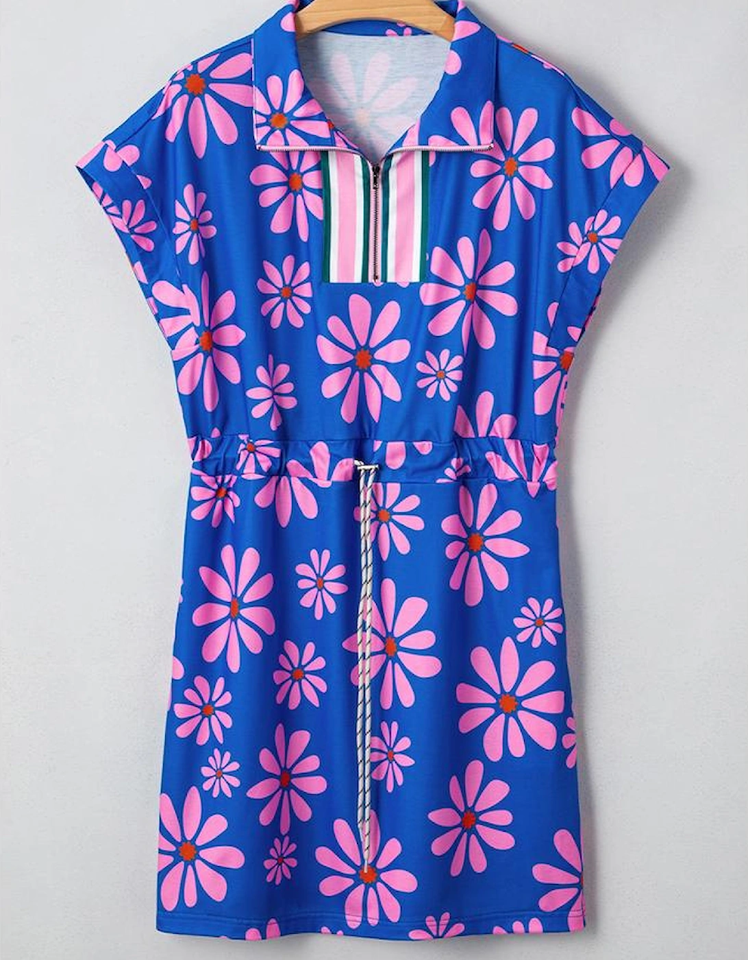 Purple Floral Striped Quarter Zip Cap Sleeve Drawstring Waist Mini Dress