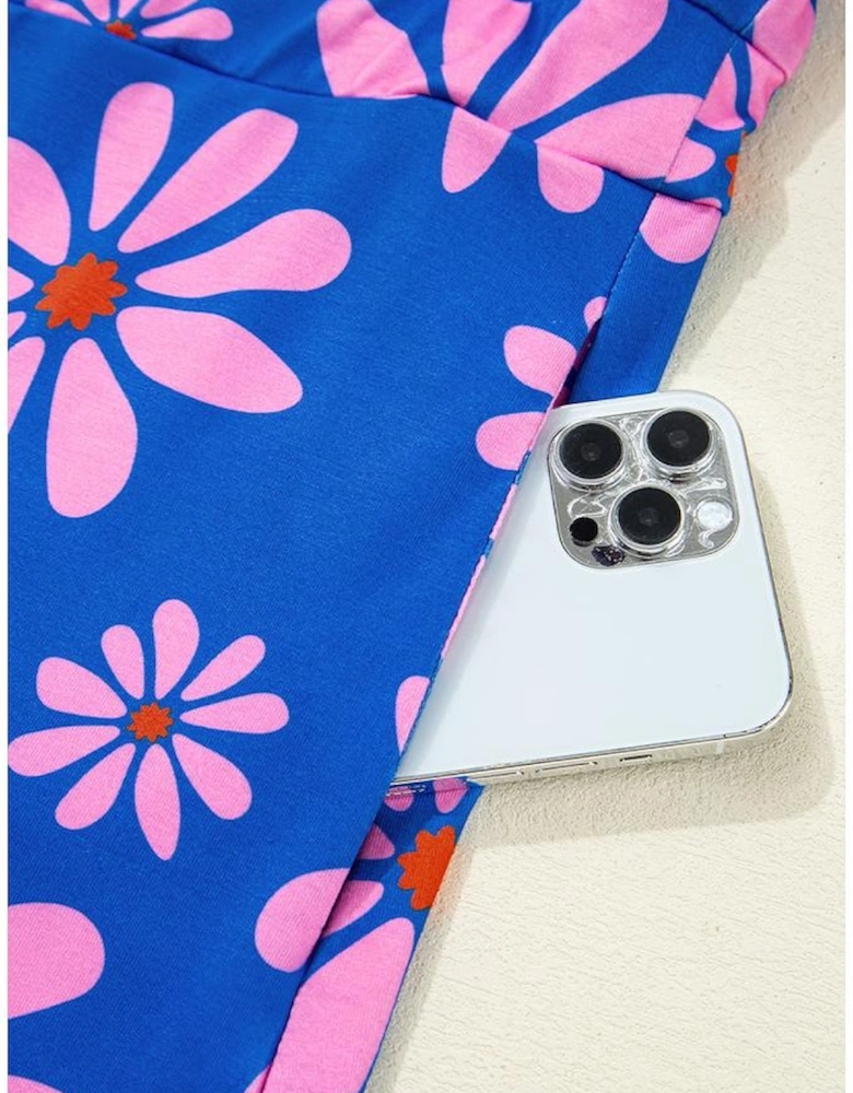 Purple Floral Striped Quarter Zip Cap Sleeve Drawstring Waist Mini Dress