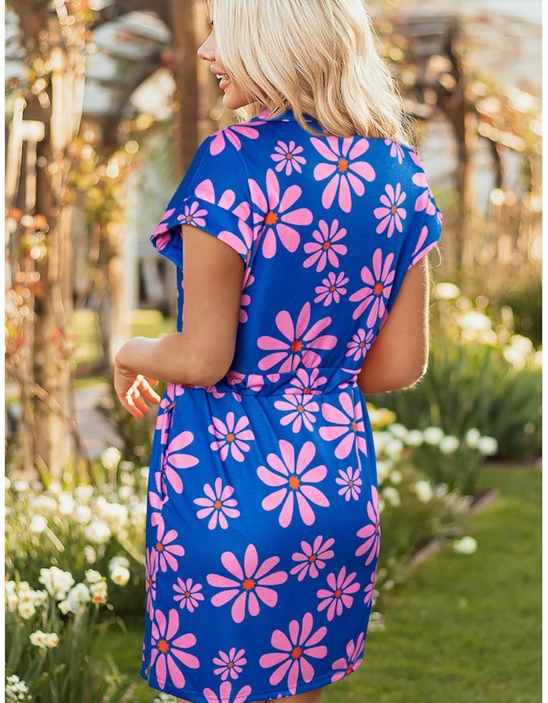 Purple Floral Striped Quarter Zip Cap Sleeve Drawstring Waist Mini Dress