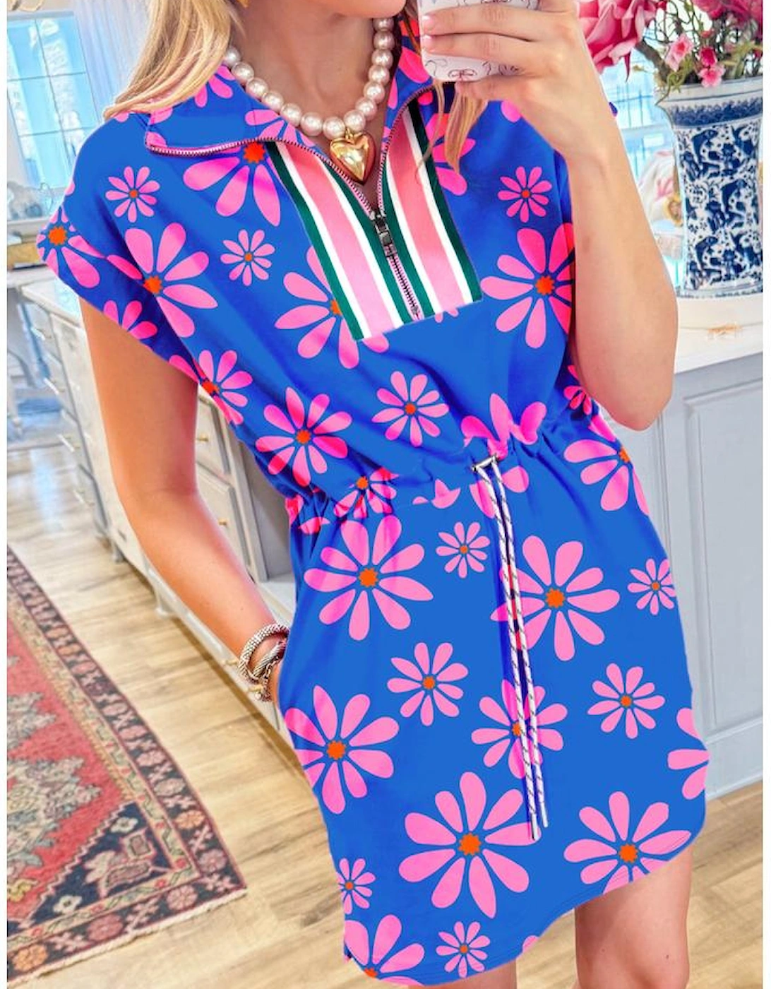 Purple Floral Striped Quarter Zip Cap Sleeve Drawstring Waist Mini Dress, 16 of 15